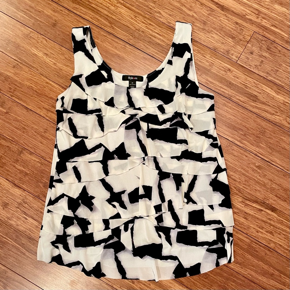 Style and Co black & white tank, lined, asymmetrical ruffled front, size M